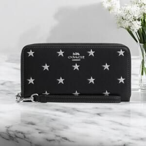Long Zip Around Black Leather Wallet With Silver Star Print CW479